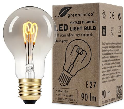 greenandco Vintage Glühfaden LED Kerze | silbergrau | E27 A60 | 3W 90lm | 1800K extra warmweiß | 360° | 230V | flimmerfrei | nicht dimmbar
