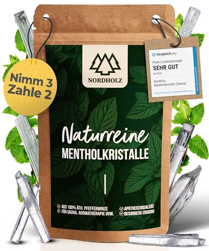 NORDHOLZ® Cristales de mentol para la sauna a base de aceite de menta 100% - Libera las vías respiratorias y proporciona un aroma naturalmente intenso en la sauna. (100 g)