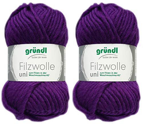 2x50 Gramm Gründl Filzwolle inkl. Anleitung für Topflappen (Uni Farben, 11 Lila)