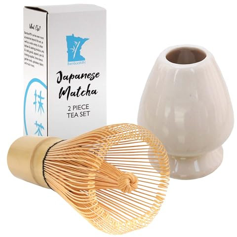 Matcha Tea Whisk Set - Bamboo Whisk and Whisk Holder - White