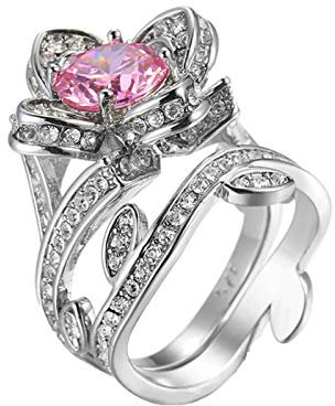 ANAZOZ Rosa Anello Donna,FEDI Nuziali Argento Placcato Oro Bianco Fiore con Foglie Cristallo Zirconia Cubica Rosa Misura dell'Anello 12