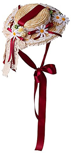 COSDREAMER Chicas Mujeres Tea Party Sun Hat Lolita Lace Ribbons Sombreros de paja (Rojo)