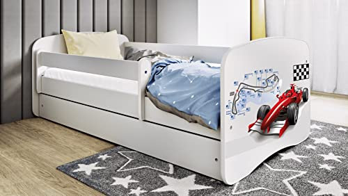 Bjird Kinderbett Jugendbett 70x140 80x160 80x180 cm Weiß mit Rausfallschutz Matratze Schublade und Lattenrost Kinderbetten für Mädchen und Junge - Formel 180 cm