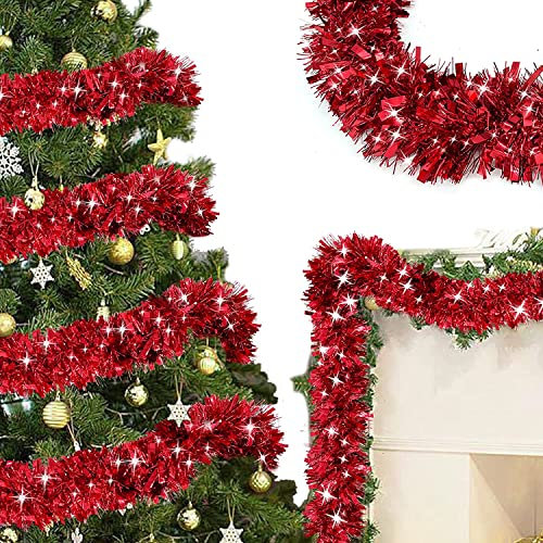 ZKTYQUIHE 4 Pack Total 28 Ft Tinsel Garlands Christmas Tree Decorations, Thick Thin Metallic Streamers Xmas Garland Holiday Christmas Decorations Home Indoor Outdoor Party Supplies,Red