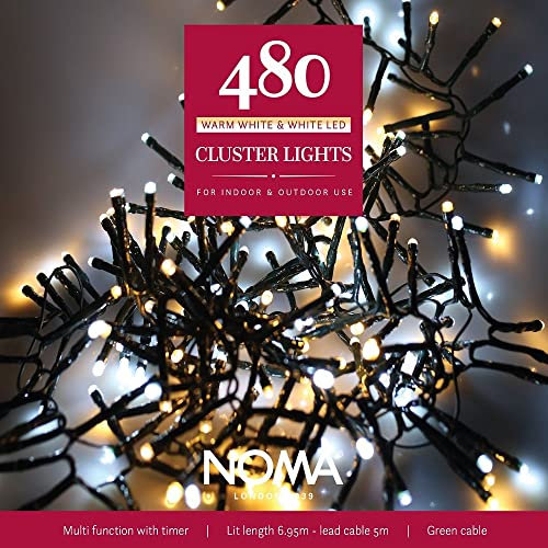 Noma 480 LED Cluster Christmas Tree Lights : Green Cable : Multifunction : Plug-in with Timer : Bright White/Warm White Mix : 4921711