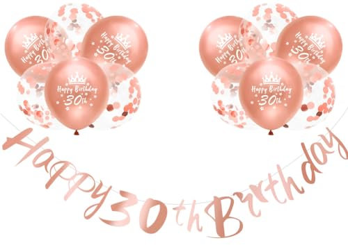 Happy 30th Birthday Banners Rose Gold Women 30th Birthday Banner Bunting Personalized Including 12 Pack 12” Latex Printed Balloons Women 30 Decorations Supplies