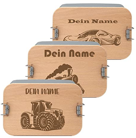 Generisch Brotdose mit Namen personalisiert XL 1200ml, Lunchbox mit Fahrzeug Motiv und Namen aus Edelstahl mit Buchenholzdeckel