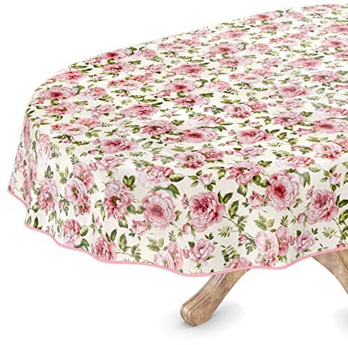 ANRO Tischdecke abwaschbar Wachstuch Wachstuchtischdecke Oval 140 x 220cm mit Saum Natalie Blumen pflegeleicht Wachstischdecke wasserabweisend Gartentischdecke Meterware Lotuseffekt