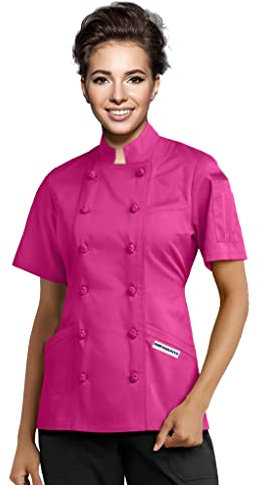 Kurzärmlige, geknotete Stoffknöpfe, Damen-Kochjacke, Uniform, ideal für Bäcker, Gastgewerbe, Caterer und kulinarische Profis (Rosa, XS)