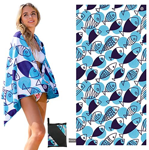 Strandtuch mit UV-Etiketten, ZOOAOXO Strandtuch Mikrofaser, Sandfrei, Geeignete Größe (160 × 80 cm), Schnell Trocknend, Weich und Hautfreundlich, Elastisches Seil-Design, Aufbewahrungstasche, Blauer