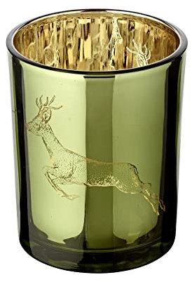 EDZARD Windlicht Sammy (Höhe 13 cm) Motiv Hirsch laufend, außen grün/innen Gold, Teelichthalter, Teelichtglas