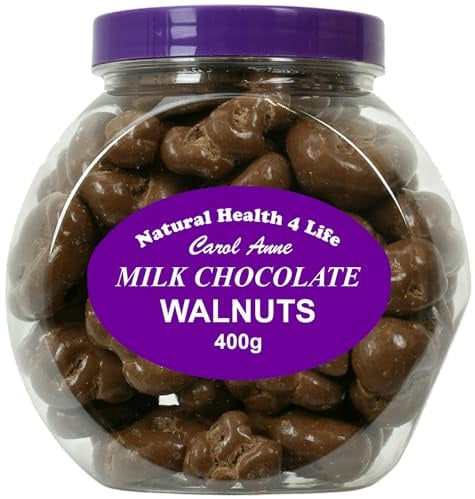Natural Health 4 Life Carol Anne Confectionery Milk Chocolate Walnuts 400g, Chocolate Covered Nuts in Recyclable Gift Jar, 10.3g Protein per 100g, Ideal for Snacking, Baking – Made in UK (1 Jar)
