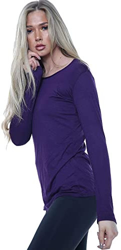 AA ESSENTAILS Women Ladies Long Sleeve Round Neck Plain Top Stretchy Casual Summer T-Shirts Basic Slim fit Tee Tops (Purple, 12-14) (ZJ-88487)