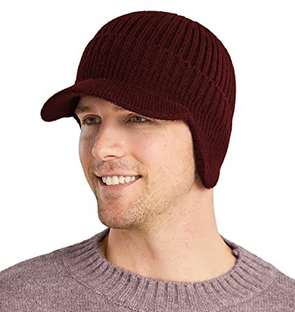 Koreshion Bonnet d'hiver à visière pour homme avec cache-oreilles en tricot - Casquette de baseball à bord court - Bonnet de ski chaud avec doublure en polaire, Rouge, Taille unique