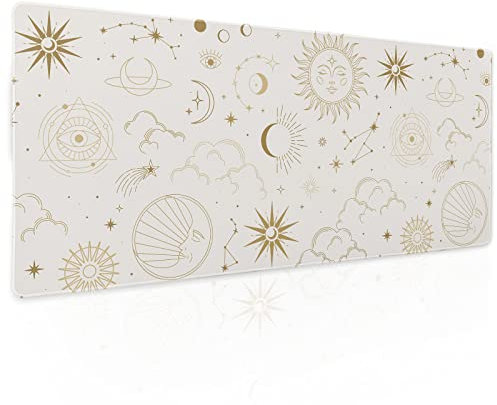 Grand tapis de souris pour gaming motif bohème chic soleil et lune, mystique et magique avec galaxie, étoiles et nuages, avec dos antidérapant en caoutchouc et bords cousus, blanc, taille XL, 90 x 40