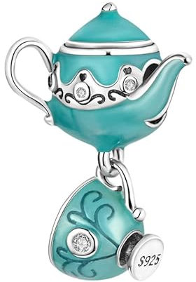 M&S Tea Set Charm Teapot Tea Cup Green Bone China Set Charm Bead Pendant, 925 Sterling Silver Dangle Charm, Compatible With Pandora & European Bracelet …