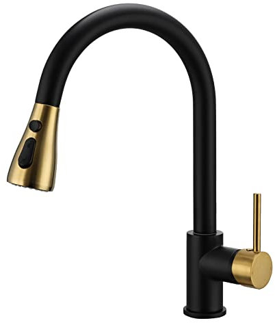 Peppermint Mitigeur d'évier de cuisine extractible mono noir mat et or brossé avec douchette extractible, robinet mitigeur de cuisine pivotant à levier unique moderne 1 trou avec tête de pulvérisation