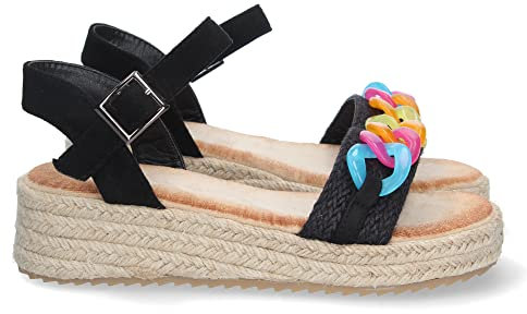 shoes&blues.es 71847 Sandalia de Plataforma para Mujer, Comoda, Forrada de Yute, Cadena Multicolor en la Pala, y Cierre de Hebilla, Primavera Verano 2023 Negro Talla 37