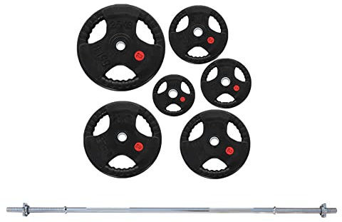 Strongway® 50KG 70KG 100KG Tri Grip Weight Plates Sets with 6FT Barbell - 1 Inch (1) / 25mm Hole - Rubber Coated Cast Iron Weight Lifting Bar (100KG SET + 6FT BAR)