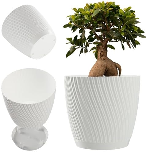 KADAX Maceta con plato, maceta de plástico con forma de onda tridimensional, maceta decorativa para flores, cactus y hierbas (27 cm, blanco)