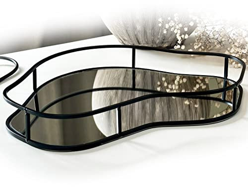 Black Pebble Mirror Tray B Metal Abstract Modern Glass Decorative Serving Plate 33cm