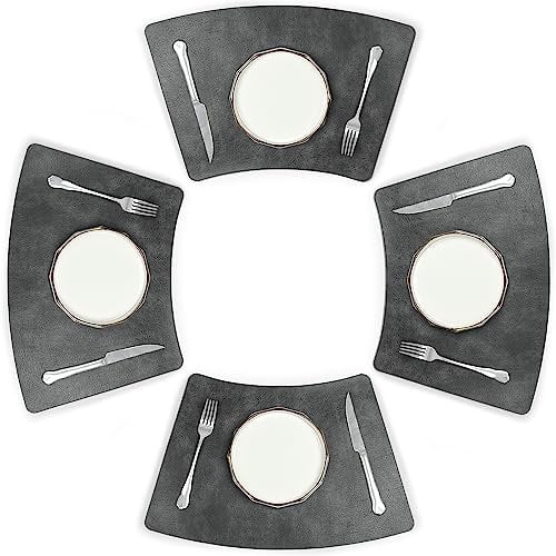 fanquare PU Runde Platzsets 48x30 cm Rindsleder Korn Tischsets für Esstisch Waschbar Grau Keilförmige Tischmatte 4er Pack