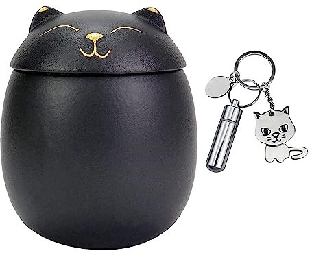 Kleine Katzen-Urne aus Keramik mit Wackelkopf, Katzen-Schlüsselanhänger, Aschehalter, Erinnerungsbox, Beerdigung, Andenken, Gedenkglas, versiegeltes Glas – Schwarz
