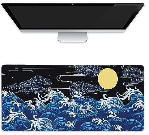 Grand tapis de souris décoratif avec motif vagues de style oriental, tapis de souris de jeu étendu, bords cousus, base en caoutchouc antidérapant, pour ordinateur portable, PC, 90,9 x 40,9 cm