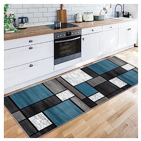 Siunwdiy Läufer Korridor Teppich 140X360CM, Grau-Blau Geometrisches Muster - Rutschfest Waschbar - Mikrofaser für Flur, Badezimmer, Wohnzimmer, Bett, Küche