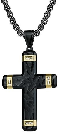 Dsnyu Cross Necklace Men Gold, Herren Halskette Schwarz Titan Zweifarbig Strukturiertes Kreuz Zirkonia Anhänger Rolo für Ehemann Sohn
