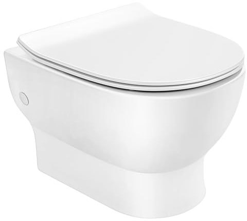 Hänge WC Keramik mit Nano Beschichtung - Erhöhtes Wand WC, Tiefspüler WC, Spülrandlos & Spritzfrei, WC Sitz mit Absenkautomatik, WC Set 49,5 x 37 x 38 cm