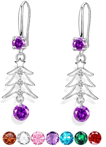 Sfoni Christmas Tree Earrings, S925 Silver Sparkling CZ Crystal Dangling Earings Rhinestone Xmas Tree Earrings Dangle Hook Earrings Jewellery Gifts for Women Lady Teen Girls, Purple