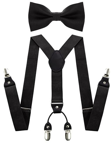 JEMYGINS Herren Hosenträger mit Vier Clips und Elastischem Rückenband inklusive Fliege Set,Schwarz