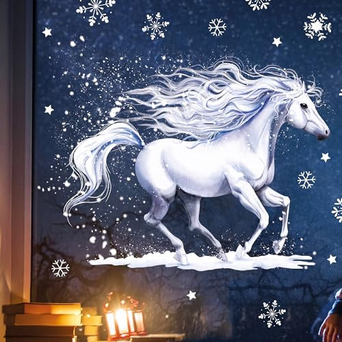 Fensterbild Pferd Winter Galopp Schneeflocken wiederverwendbare Fensteraufkleber Kinderzimmer Mädchen Kind, 1. A4 Bogen