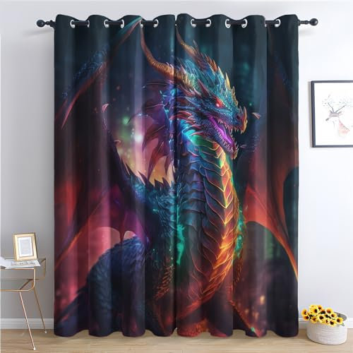 THYUNQ Vorhänge Drachen Motiv, Vorhang Blickdicht Verdunklungsvorhänge Thermovorhang mit Ösen, Gardinen Wohnzimmer Schlafzimmer Fenster, 2er Set Curtains, H 220 x B 140 cm