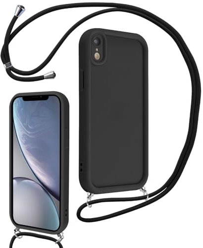 Coalbooliy Cover per iPhone XR 6,1 con Cordino per Cellulare, Custodia Silicone con Regolabile Collana Sottile Morbida Case Protezione della fotocamera Antiurto con Necklace, Nero