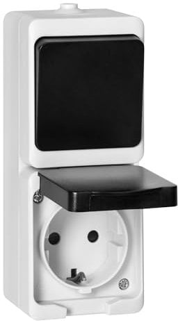Miratic Enchufe Pared IP54 - Enchufe con Interruptor - Enchufe Superficie Blanco y Negro Schuko 2P+T Alta Resistencia y Seguridad