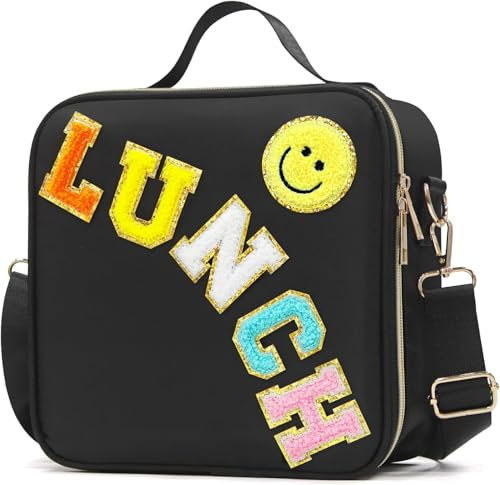 IDAHSOR Insulated Lunch Bag Women Lunch Box Kids for Teen Girls Boys, Cute Preppy Lunch Boxes with Adjustable Shoulder Strap, Waterproof Nylon Lunchbox Lunch Bags for School Work Picnic (Black)