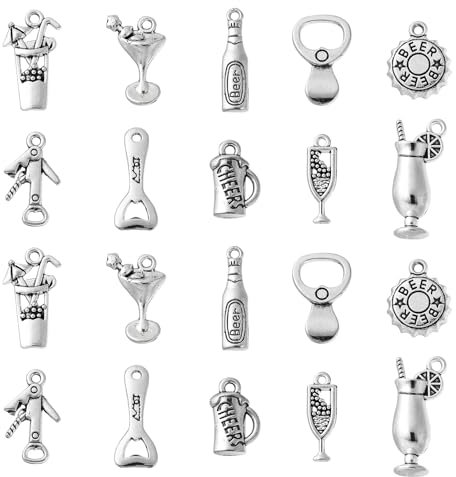 Ornazy 50 pcs 10 Styles Craft Supplies Antique Silver Wine Charms Cocktail Wine Glass Bottle Opener Charms for DIY Necklace Bracelet Jewellery Making