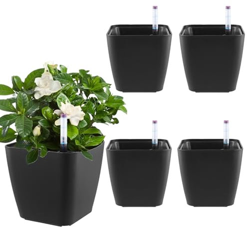 MUNGHOK 5 vasi autoirriganti con indicatore del livello dell'acqua, in plastica, colore nero, per piante da appartamento