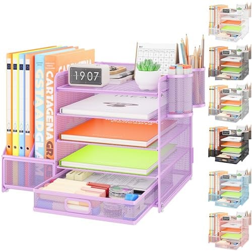 VITVITI Schreibtisch Organizer, 5 Ebenen Briefablage mit Schubladen, Aktenhalter mit 2 Stiftehalter, Büro Organizer mit Stehsammlere, Bürobedarf für A4 Dokumentenablag (Violett)