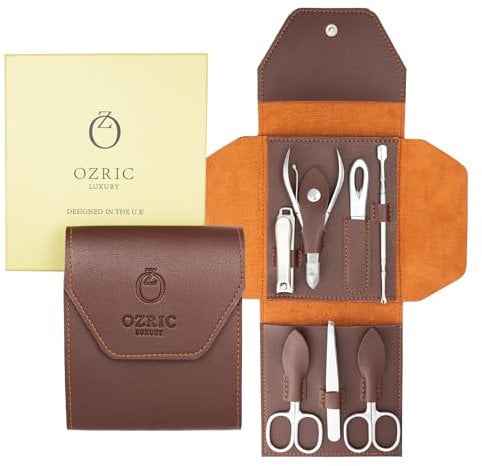 Ozric Luxury Mens Manicure Set, Pedicure Set - Nail Clippers & Grooming Kit for Men & Women, Stainless Steel Nail Kit with Brown PU Leather Travel Pouch, UK Designed Elegance
