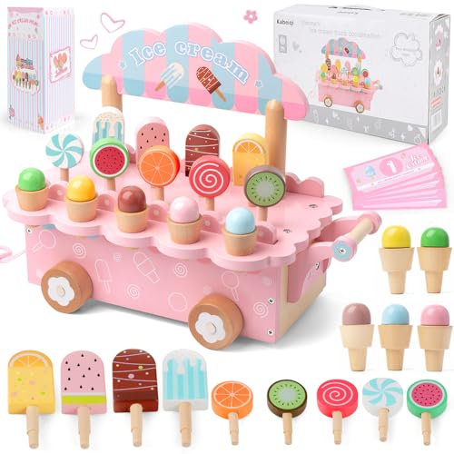 Heladeria Juguete Madera, Carrito Helados Juguete Madera Infantil, Helado Cocina Juguetes Accesorios Juego de Imitación Educativos, Juguetes Montessori Navidad Regalo para Niñas Niños 3 4 5 6 7 Años