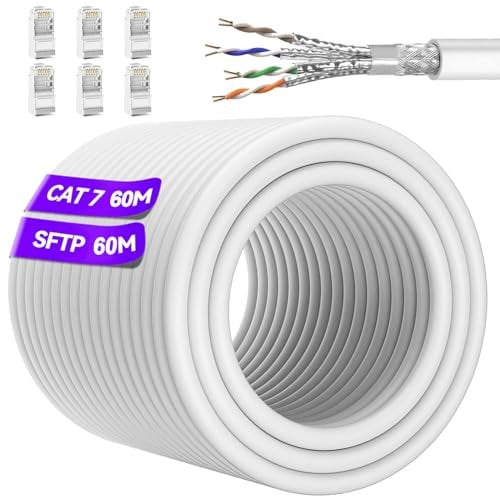Soibke Cable Ethernet 60 Metros, Cat 7 Cable Lan 10Mbps 600MHz Gigabit Cable RJ45 24AWG Blanco Impermeabilización Al Aire Libre Cable de Red Blindado S/FTP Alta Velocidad para Enrutador Módem