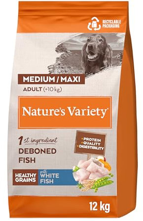 Nature's Variety Healthy Grains - Pienso para Perros Medium & Maxi Adultos con Pescado blanco sin espinas - 12kg