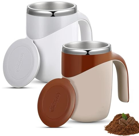 QuyiFa Taza de café con agitación magnética automática 2025, taza de café con agitación automática, taza mezcladora eléctrica, para café, leche y té (Blanco+marrón,modelo recargable)