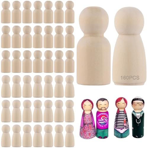 Oungy 160 Stück Holzfiguren zum Bemalen, 35mm Spielfiguren Holz, Holzkegel zum Basteln, Unvollendete Figuren zum Bemalen, Rohling Holzfiguren für DIY Bemalen und Basteln (2 Formen)