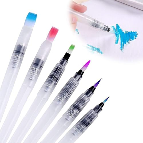 UOCAI Unterschiedliche Dicken Wassertankpinsel Aquarell Profi Water Brush Pen Wasserpinsel Set mit Tank für Aquarell / 6 Wassertankpinsel für Wasserfarben Malerei Beschriftung