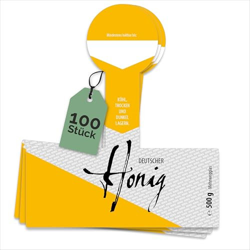 Apoidea – Honig Etiketten 500 g mit Gewährverschluss nassklebend – 100 Stück zum Stempeln/Etiketten Honiggläser/Honig Aufkleber für selbstgemachten Honig/Honigetiketten für Honiggläser