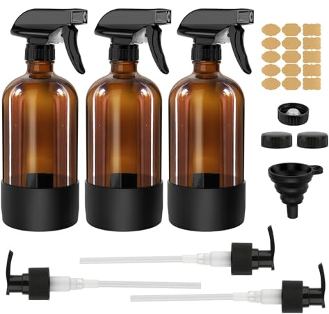 Juego de 3 botellas de spray de vidrio de 500 ml, rellenables, con pulverizador de gatillo ajustable para pulverizar y nebulizar - Botellas de spray de agua vacías color ámbar para cabello, jardinería